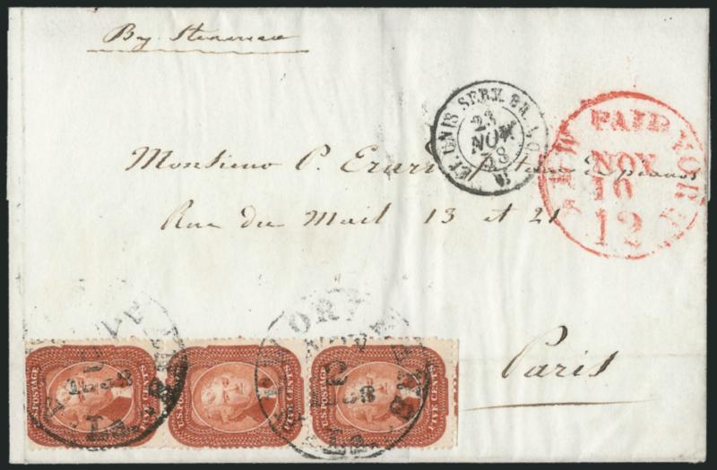 5c Brick Red (27).> Vertical strip of three, scissors-separated at top and bottom with intact perfs at bottom and trimmed at top, tied by New Orleans La. Nov. 2, 1858 circular datestamps on folded cover <to
Paris, France,> red New York Paid 12 Nov