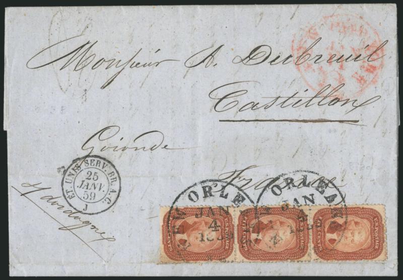 5c Brick Red (27).> Vertical strip of three, bright color, tied by New Orleans La. Jan. 4, 1859 circular datestamps on blue folded letter <to Castillon, Gironde, France,> red New York Paid 12 Jan. 11 credit
datestamp, French transits, file folds