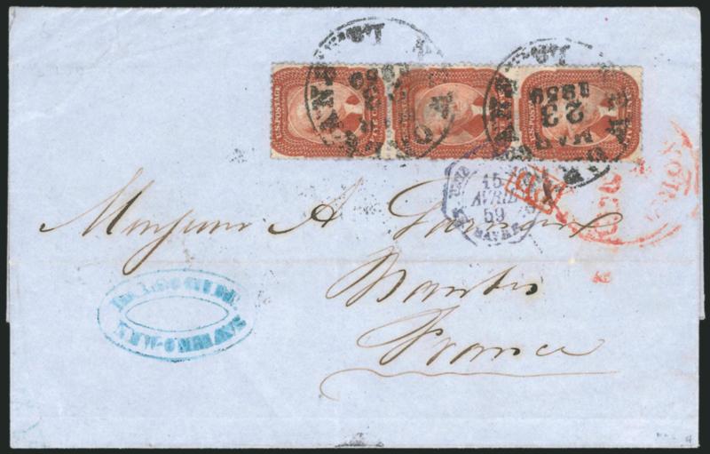 5c Brick Red (27).> Vertical strip of three, intense color, tied by New Orleans La. Mar. 23, 1859 circular datestamp on blue folded cover <to Nantes, France,> red New York Paid 3 Apr. 2 credit datestamp also
ties strip as does ultramarine Havre t