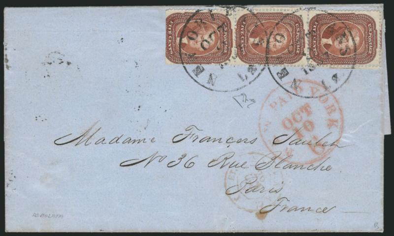 5c Red Brown (28).> Vertical strip of three, rich color in the same shade as the imperforate issue, perfs scissors-separated leaving intact perfs on three sides and trimmed at bottom, tied by clear strikes of
New Orleans La. Oct. 2, 1857 circular d