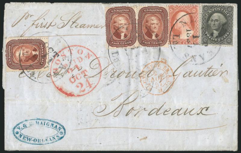 5c Red Brown (28).> Three singles, <used with 3c Dull Red, Ty. III (26) and 12c Black, Plate 1 (36),> tied by New Orleans La. Oct. 11, 1857 circular datestamps on blue folded letter <to Bordeaux, France,> red
Boston Paid 24 Oct. 21 credit datesta