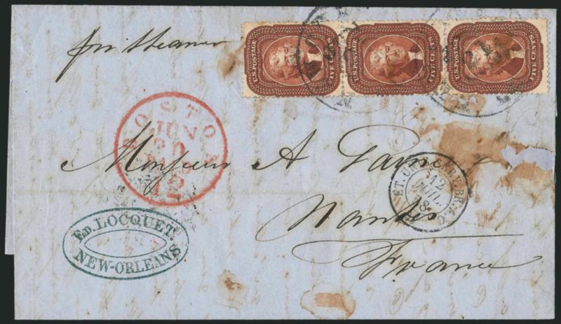5c Indian Red (28A).> Vertical strip of three, warm shade, tied by New Orleans La. Jun. 21, 1858 circular datestamps on blue folded letter <to Nantes, France,> red Boston Paid 12 Jun. 30 credit datestamp,
French transits, some waterstaining and c