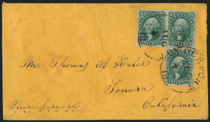 10c Green, Ty. II, III (32, 33).> Block of three, top stamps Type II, bottom stamp Type III, tied by Lockport Ill. Aug. 4 circular datestamps on orange cover to Sonora Cal., endorsed <<Please forward>> at
lower left, some cover wear, still Very F