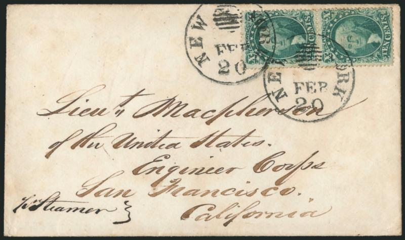 10c Green, Ty. IIIII (3233).> Vertical pair, top stamp Type II, bottom stamp Type III, tied by <New York Feb. 20 Ocean Mail> circular datestamps on cover to San Francisco, endorsed <<pr Steamer>>, trivial
soiling, Very Fine, scarce with the New