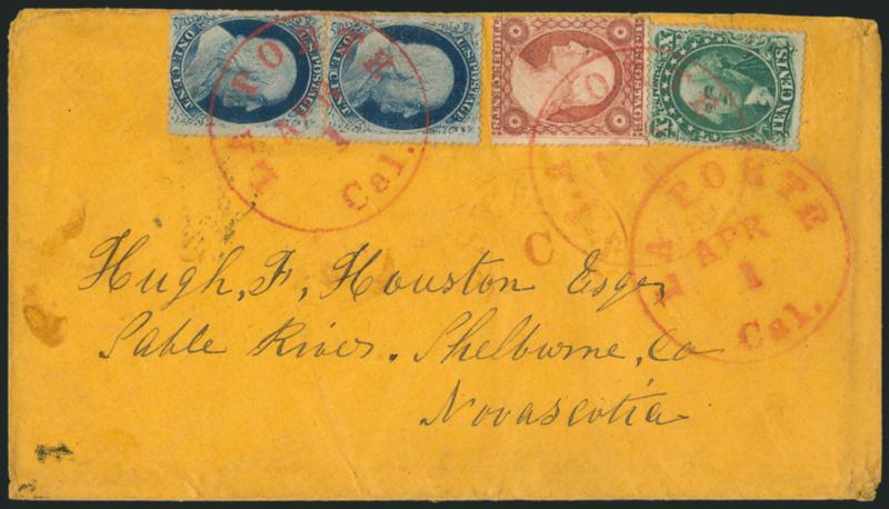10c Green, Ty. III (33).> Rich color, choice centering, used with <two 1c Blue, Ty. V (24) and 3c Dull Red, Ty. III (26),> all tied by neat strikes of <red La Porte Cal. Apr. 1> circular datestamp on buff
cover <to Sable River, Nova Scotia,> light