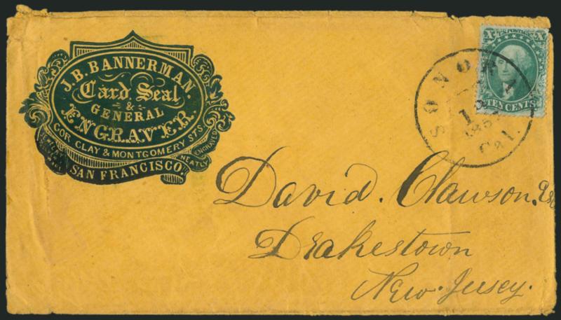10c Green, Ty. III (33).> Tied by Sonora Cal. ? 19 1857 circular datestamp on buff cover to Drakestown N.J. with <J.B. Bannerman Card Seal & General Engraver, San Francisco blue cameo corner card>, cover a bit
tattered and stamp with corner creas