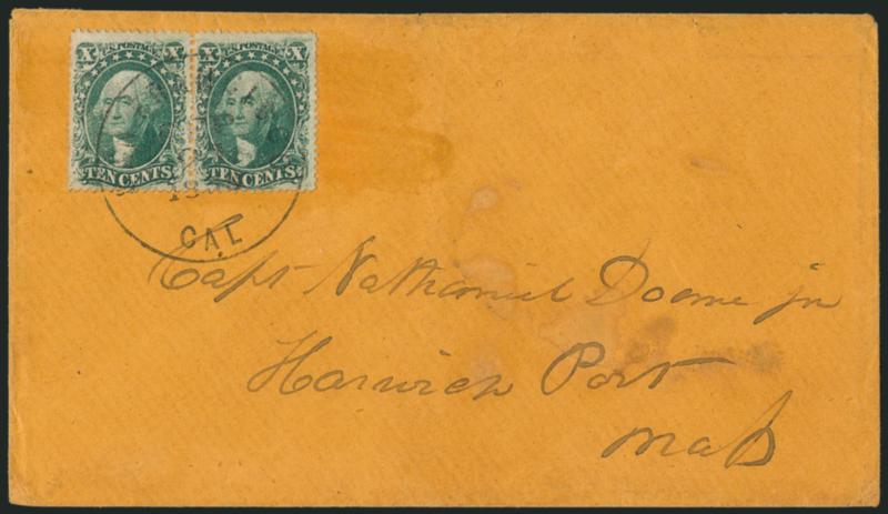 10c Green, Ty. III (33).> Horizontal pair, attractively centered, tied by San Francisco Cal. Sep. 23, 1860 circular datestamp on buff double-rate cover to Harwichport Mass., slight water stain spots on cover,
stamps Fine-Very Fine