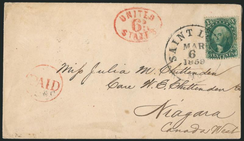 10c Green, Ty. IV (34).> Position 3R1, <Misplaced Relief> position, rich color, tied by Saint Louis Mo. Mar. 6, 1859 circular datestamp on cover <to Niagara, Canada West,> red Paid in circle and also United
States 6d in oval handstamps, trans