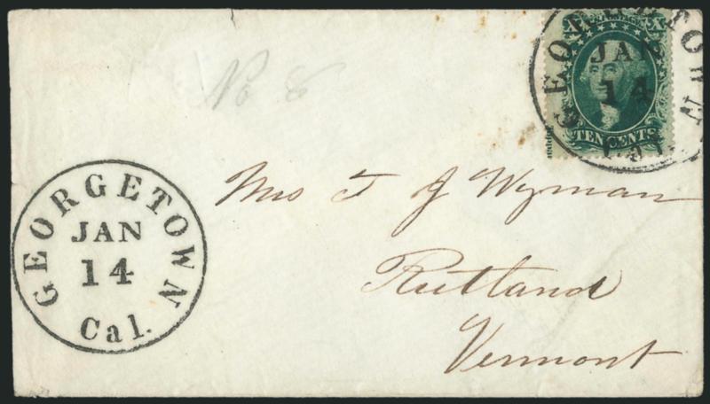 10c Green, Ty. V (35).> Wide sheet margin at left with <Toppan portion of imprint,> tied by bold strike of Georgetown Cal. Jan. 14 circular datestamp on small cover to Rutland Vt., second strike at left, small
top flap tear and minor perf flaws f