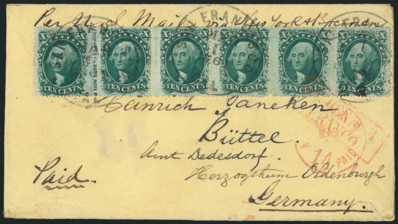 10c Green, Ty. V (35).> Positions 41-44L2, horizontal strip of four with <captured imprint at left,> used with two singles and tied by San Francisco Cal. Mar. 1, 1861 double-circle datestamps on yellow cover
<to Buttel, Germany,> endorsed <<Per U.