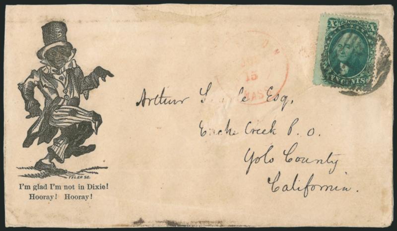 10c Green, Ty. V (35).> Bright color, small flaw at lower left, tied by large Paid grid, red Boston Mass. Jul. 15 double-circle datestamp on cover with m glad Im not in Dixie! Hooray! Hooray! illustrated
caricature> cover to Rock Creek P.O.