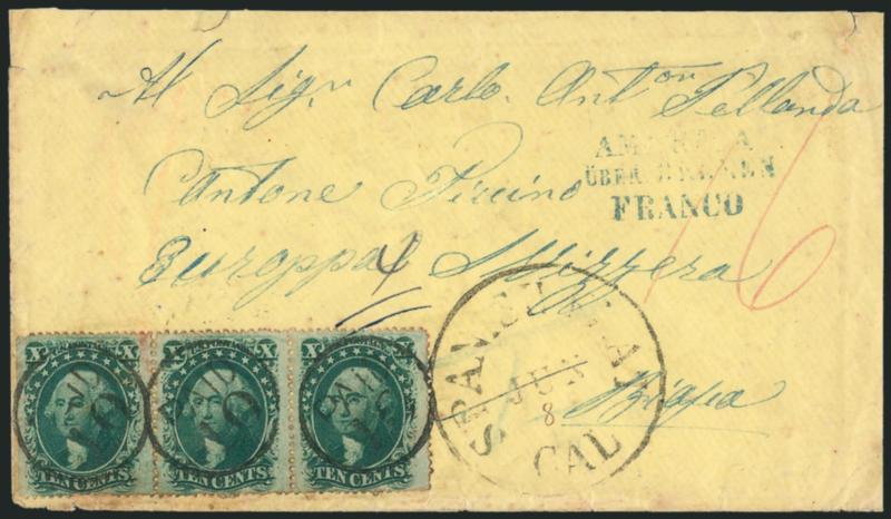 10c Green, Ty. V (35).> Horizontal strip of three, each cancelled or tied by bold strike of <Paid 10 in circle> handstamp, light matching strike of Spanish Flats Cal. Jun. 8 circular datestamp with day in ms.
on 1861 yellow cover <to Switzerland,