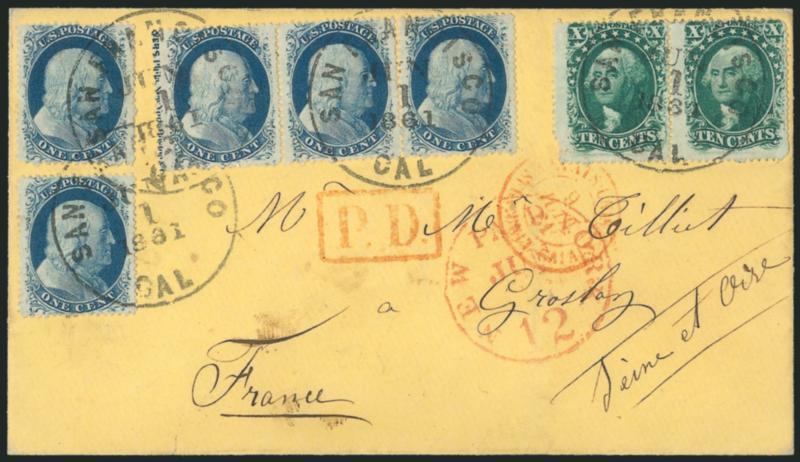 10c Green, Ty. V (35).> Horizontal pair, defective at lower left, <used with horizontal strip of three and pair of 1c Blue, Ty. V (24),> leftmost stamp in strip with <captured imprint,> tied by San Francisco
Cal. Jun. 1, 1861 circular datestamp on