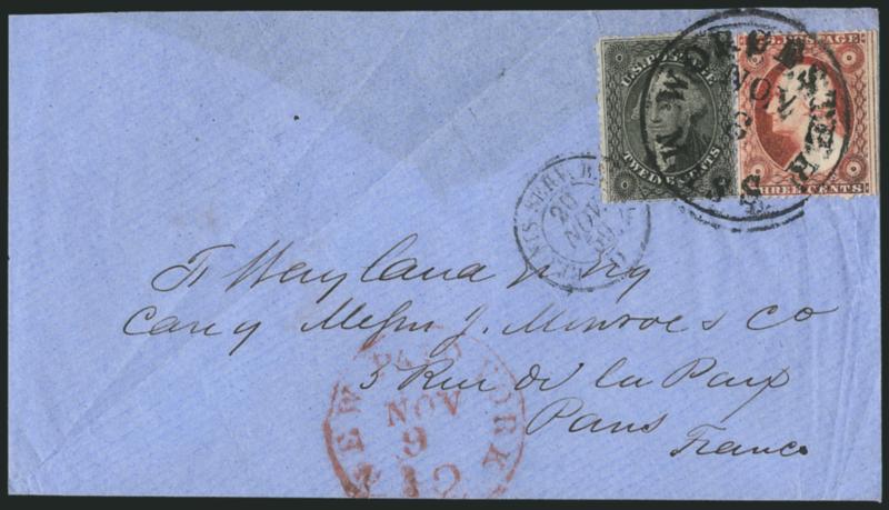12c Black, Plate 1 (36).> Crisp impression, used with <3c Dull Red, Ty. III (26),> tied by Worcester Mass. Nov. 6 circular datestamp on 1859 blue cover <to Paris, France,> red New York Paid 12 Nov. 9 credit
datestamp, French transit also ties 12c