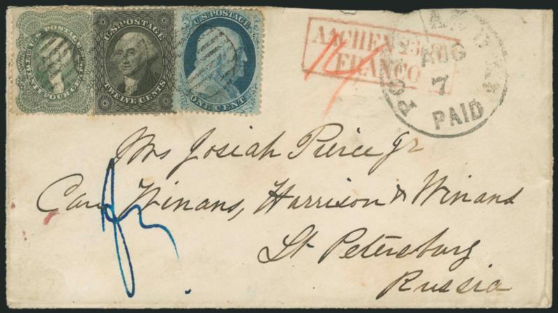 12c Black (36).> Used with <24c Gray Lilac (37) and 1c Blue, Ty. V (24),> cancelled by grids, Portland Me. Paid Aug. 7 circular datestamp on 1860 cover <to St. Petersburg, Russia,> Boston backstamp, red boxed
Aachen Franco handstamp, barely reduc