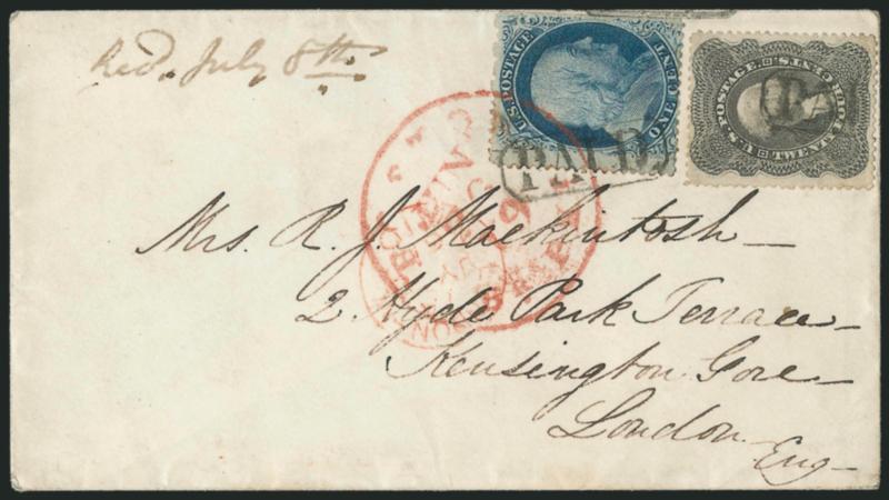 24c Gray Lilac (37).> Choice centering, <used with 1c Blue, Ty. V (24),> s.e. at right, tied by Paid in oval cancels and red Boston Br. Pkt. 19 Jun. 26 credit datestamp on cover <to London, England,> 1861
London transit, trivial wear, 1c small re