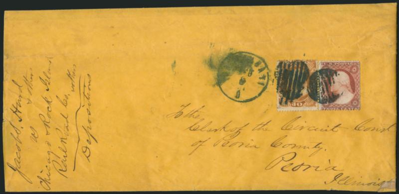 30c Orange (38).> Used with <3c Dull Red, Ty. III (26)> and tied by <blue grids,> matching Cincinnati O. Feb. 8 circular datestamp on yellow legal-size cover to Peoria Ill., docketing at left, some edgewear,
negligible perf flaws, Very Fine, ex Sta