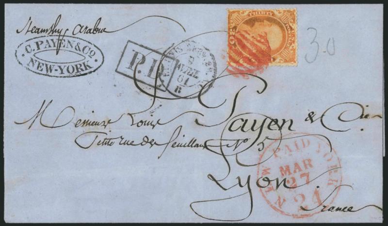 30c Orange (38).> Bright color, tied by <red> grid, matching New York Paid 24 Mar. 27 credit datestamp on 1861 blue folded cover <to Lyon, France,> boxed P.D. handstamp, appropriate French transits, light
horizontal file fold well away from stamp