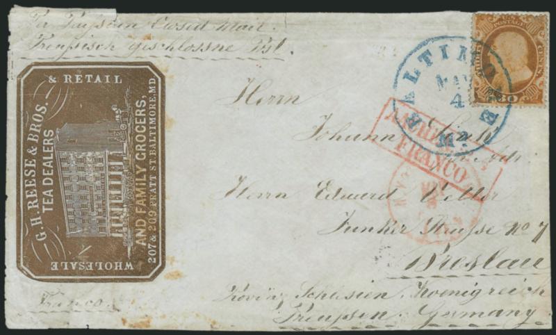 30c Orange (38).> Tied by <blue> Baltimore Md. May 4 circular datestamp on front only with <tea dealer and grocers bronze cameo corner card with illustration of building,> lengthy address <to Breslau, Prussia,
Germany,> with senders routing <<Pe