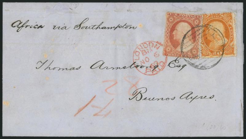 30c Orange (38).> Brilliant color, <used with 3c Dull Red, Ty. III (26),> tied together by large Paid grid on 1860 blue folded cover <to Buenos Aires, Argentina,> endorsed <<Africa via Southampton>> and with
red London transit, red crayon 28 cr