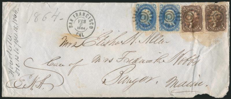 1c Blue, 5c Brown (63, 76).> Pairs of each, tied by cogwheel cancels, San Francisco Cal. Feb. 2, 1864 double-circle datestamp on legal-size blue cover to Mrs. Elisha H. Allen, in care of Mrs. Frederic Hobbs,
Bangor Me., endorsed <<E.H.A.>> (Elish