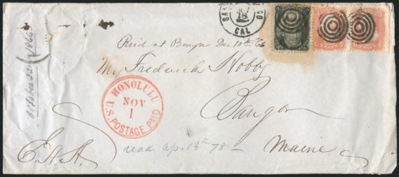 2c Black, 3c Rose (65, 73).> 3c pair, tied by target cancels, San Francisco Nov. 18 (1866) circular datestamp on blue legal-size cover <from Hawaii to Bangor Me.>, addressed to Mrs. Frederic Hobbs and endorsed
<<E.H.A.>> (Elisha H. Allen), red <