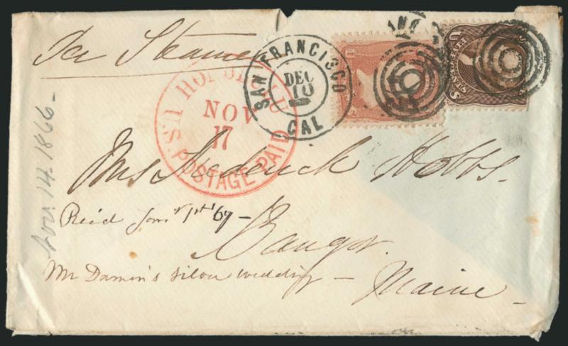 3c Rose, 5c Brown (65, 76).> Top portion of 5c torn off before use, tied by target cancels and duplex San Francisco Cal. Dec. 10 (1866) double-circle datestamp on cover <from Hawaii to Bangor Me.>, addressed
to Mrs. Frederic Hobbs, red onolulu U