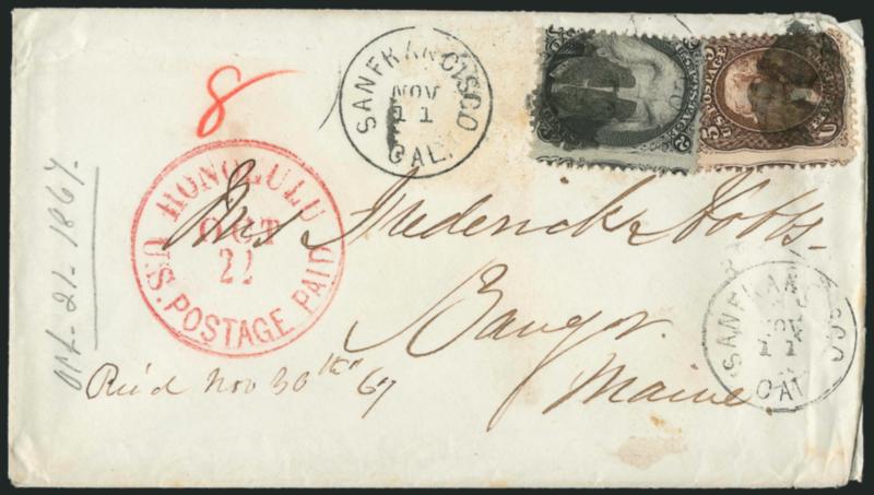 2c Black, 5c Brown (73, 76).> Tied by cork cancels and duplex San Francisco Cal. Nov. 11 (1867) circular datestamp on cover <from Hawaii to Bangor Me.,> addressed to Mrs. Frederick Hobbs, red onolulu U.S.
Postage Paid Oct. 22> circular datestam