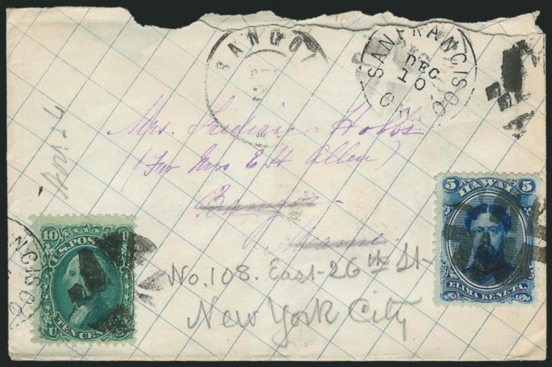 1866, 5c Blue (32).> Tied by crossroads cancel, used with <United States 1868 10c Green, F. Grill (98),> tied by segmented cork cancel and duplex San Francisco Cal. Dec. 10 (1869) circular datestamp on small
cover to Mrs. Elisha H. Allen, care of M