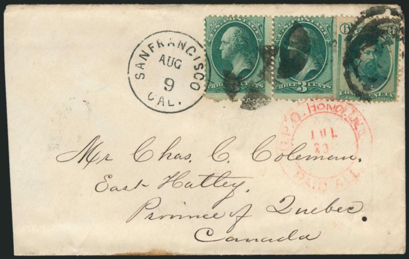 1871, 6c Yellow Green (33).> Tied by bold strike of 3-ring target cancel, used with horizontal pair of <3c Green (147),> stamps also tied by red G.P.O. Honolulu, Paid All, Jul. 29 double-circle datestamp, 3c
tied by quartered corks and San Francis