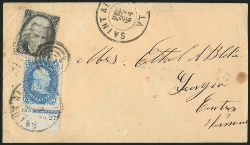 1c Blue (63).> Five covers, incl. <three with selvage at bottom with either full or part plate nos.,> incl. all three plate nos. -- 9, 10 and 27 -- last two have part imprint, the plate no. 27 used with 2c
Black (73), overall fresh and Fine-Very Fine