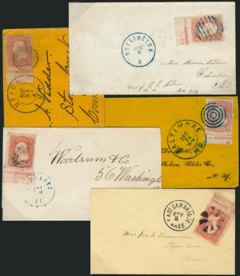 3c Rose (65).> Ten covers attractively mounted on exhibit page, <each with plate no. selvage at bottom,> incl. plate nos. 11, 13, 14, 19, 21, 23, 24, 33, 34 and 37, range of usages and cancels incl. three with
blue, mixed condition, some Fine-Very Fi