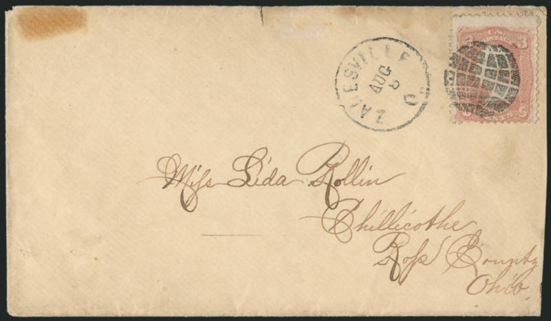 3c Rose (65).> Tied by <Globe> fancy cancel, Zanesville O. Aug. 8 circular datestamp on cover to Chillicothe, small cover tape stain and edge tears, otherwise Fine, perfect detailed strike, very scarce