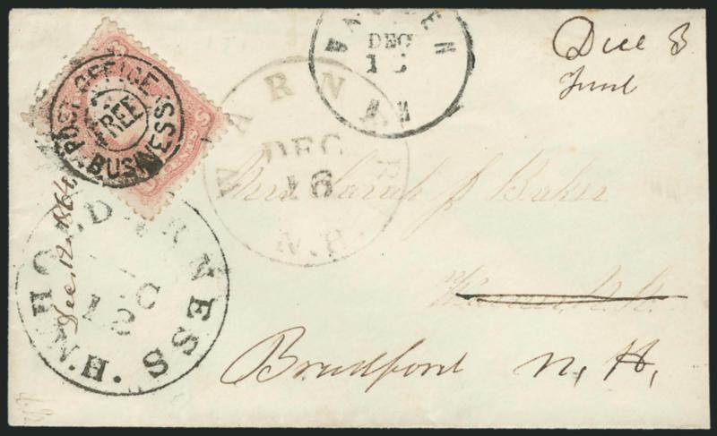 3c Rose (65).> Tied by bold strike of <Post Office Business Free> double-circle handstamp and Holderness N.H. Dec. 12 circular datestamp on cover to Warner N.H., <forwarded> to Bradford N.H., stamp also tied
by Warner N.H. Dec. 16 circular date