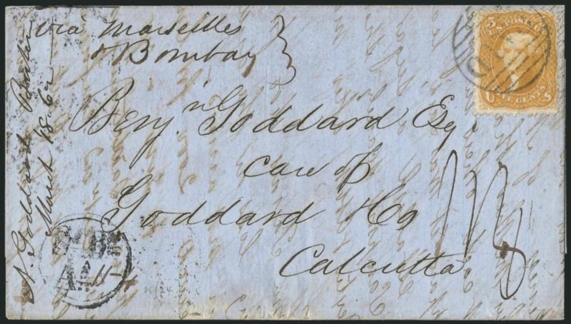 5c Buff (67).> Bright color, tied by large Paid grid on blue 1862 folded letter <to Calcutta, India,> black Boston Br. Pkt. Mar. 19, London, Bombay and receiving backstamps, endorsed <<Via Marseilles and
Bombay>> at upper left, fresh and Very F