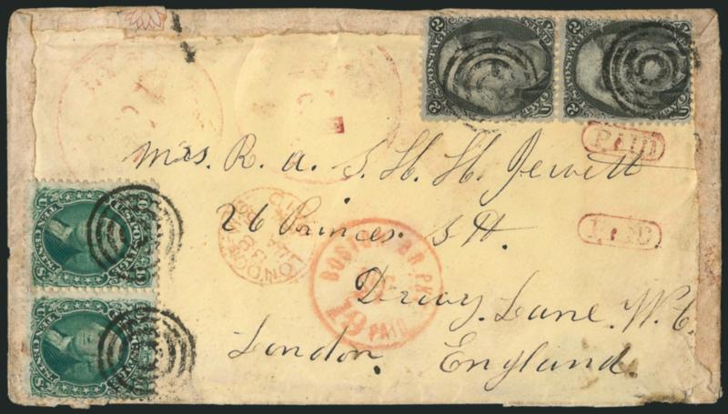 10c Yellow Green (68).> Horizontal pair, <used with vertical pair of 2c Black (73),> tied by targets, magenta Lynn Mass. Dec. 21 circular datestamps on 1863 cover <to London, England,> 2c also tied by magenta
<Paid> in oval, red Boston Br. Pkt.