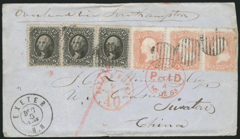 12c Black (69).> Three, choice centering, used with <horizontal strip of three of 3c Rose (65),> tied by grids, Exeter N.H. Dec. 5, 1865 double-circle datestamp on blue cover <to Swatow, China,> red Boston Br.
Pkt. Paid 8 Dec and London transits,