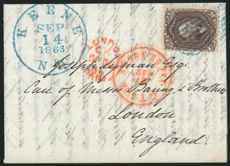 24c Red Lilac (70).> Warm shade, tied by <blue> grid, matching Keene N.H. Sep. 14, 1863 circular datestamp on folded letter <to London, England,> red N. York Br. Pkt. Paid 19 Sep. 15 credit datestamp, London
arrival marking, Extremely Fine, a bea