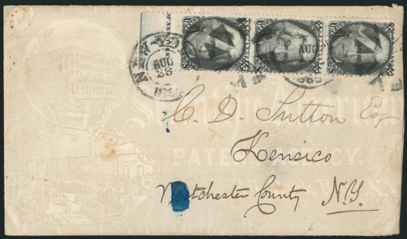 2c Black (73).> Vertical strip of three with <part imprint selvage at bottom,> tied by circle of wedges and by New-York Aug. 29, 1863 double-circle datestamps on <all-over Scientific American Patent Agency
advertising> cover to Kensico N.Y., slight
