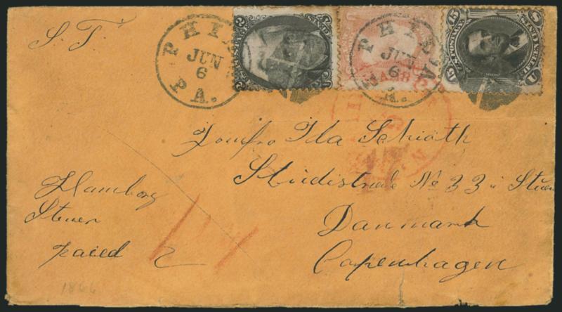 2c Black (73).> Used with <3c Rose (65) and 15c Black (77),> tied by quartered cork, Phila. Pa. Jun. 6, and red N. York Paid Hamburg Pkt. Jun. 9 transit datestamps on buff cover <to Copenhagen, Denmark,> red
17 credit, Hamburg transits (one dat