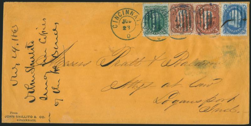 5c Red Brown (75).> Two in an unusual fire red shade, used with <1c Blue (63) and 10c Yellow Green (68),> tied by <blue grids> and matching Cincinnati O. Jul. 23 double-circle datestamps on orange courthouse
cover to Logansport Ind., 1863 docketing