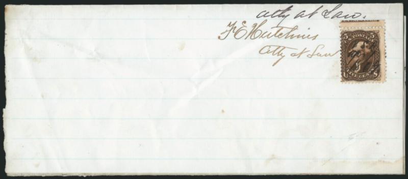 5c Brown (76).> With <part imprint selvage at top,> cancelled by ms. Apr. 7, 1869 and <used as a revenue stamp> on application for admission to the bar in Ohio, Fine, scarce usage and desirable with the part
imprint
