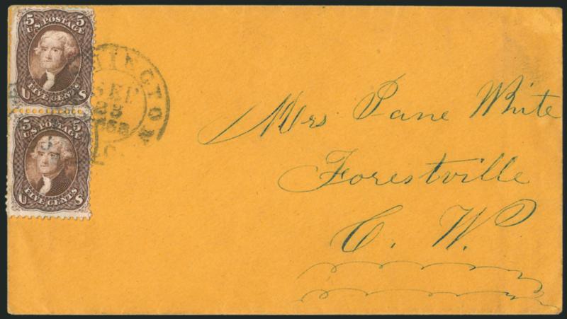 5c Brown (76).> Vertical pair, few perf flaws at left, tied by Washington D.C. Sep. 23, 1863 double-circle datestamp on orange cover <to Forestville, Canada West,> transit and receiving backstamps, Very Fine
appearance