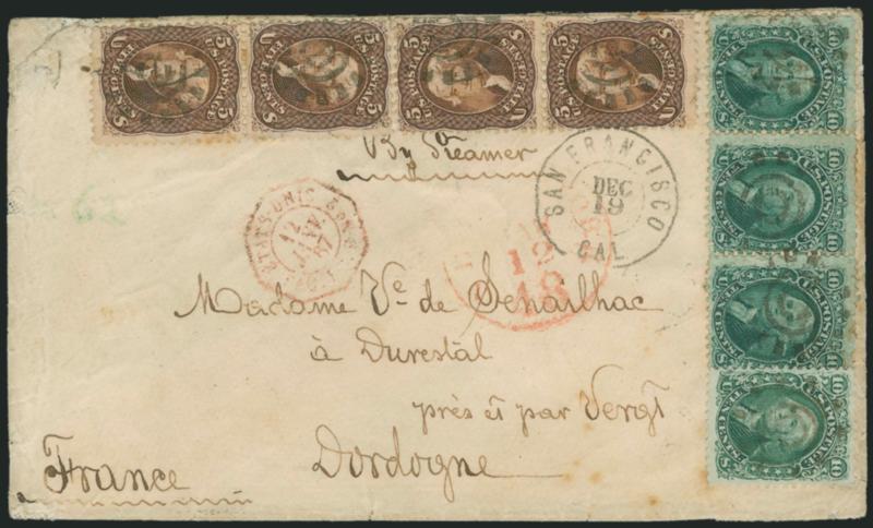 5c Brown (76).> Two vertical pairs, used with horizontal strip of three and single of <10c Yellow Green (68),> cancelled by cogwheels and San Francisco Cal. Dec. 19 double-circle datestamp on cover <to
Dordogne, France,> New York 18c credit datesta