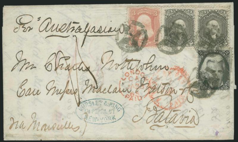 24c Grayish Lilac (78a).> Two, deep rich color, <used with 3c Rose (65) and 2c Black (73),> tied by geometric cancels on 1865 folded letter <to Batavia, Java,> senders oval handstamp and ship routing <<Per
Australasian,>> red N. York Br. Pkt. Pai