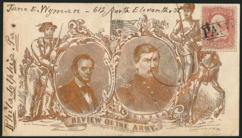 3c Rose (65).> Bright color, choice centering, tied by well-struck Paid in oval, light strike of red Boston Mass. Oct. 5 double-circle datestamp on cover to Philadelphia with <Magnus bronze Lincoln and
McClellan Review of the Army patriotic des