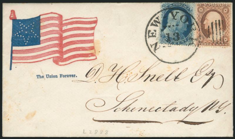 3c Dull Red, Ty. III (26).> Two covers, single tied on red and blue <The Union and The Constitution Eagle and Flag Patriotic> cover from Md. to Philadelphia other with 1c Blue, Ty. V (24) tied by New-York Jun.
13 duplex on red and blue <The Uni