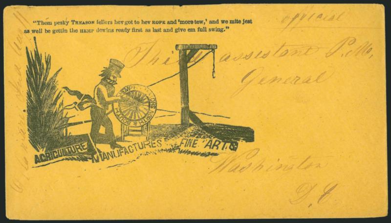 Agriculture Manufactures Fine Art.> Pro-Union cartoon in blackish blue, Them pesky treason fellers hev got to hev rope and more tew, and we mite jest as well be gettin the hemp dewins ready first as last and
give em full swing, on buff cover to 3rd