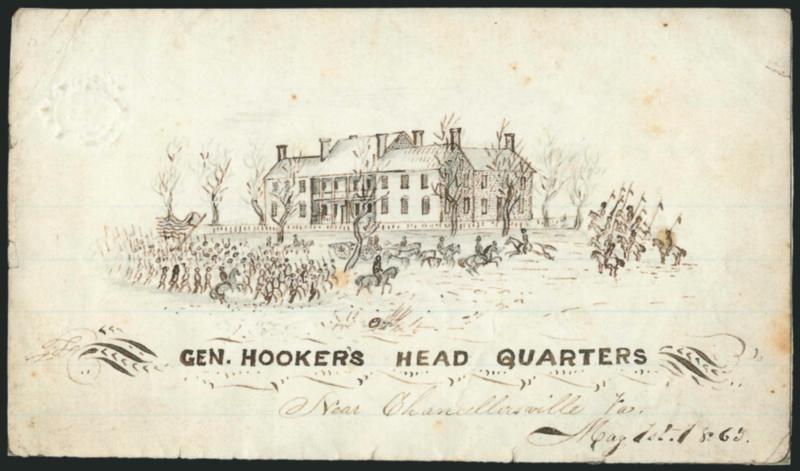 Gen. Hookers Head Quarters Near Chancellorsville Va., May 1, 1863.> Beautiful original pen-and-ink letterhead of house and army on portion of letter by a soldier in the 5th Conn. to his sister, writing at
Stafford C.H. on May 6, the last day of the