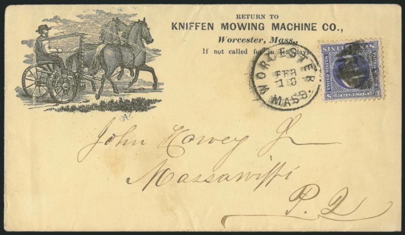 6c Ultramarine (115).> Deep color with ample to wide margins, cancelled by cork and just tied by Worcester Mass. Feb. 19 (1870) circular datestamp on illustrated <Kniffen Mowing Machine Co. advertising cover
to Massawippi, Canada,> beautiful design